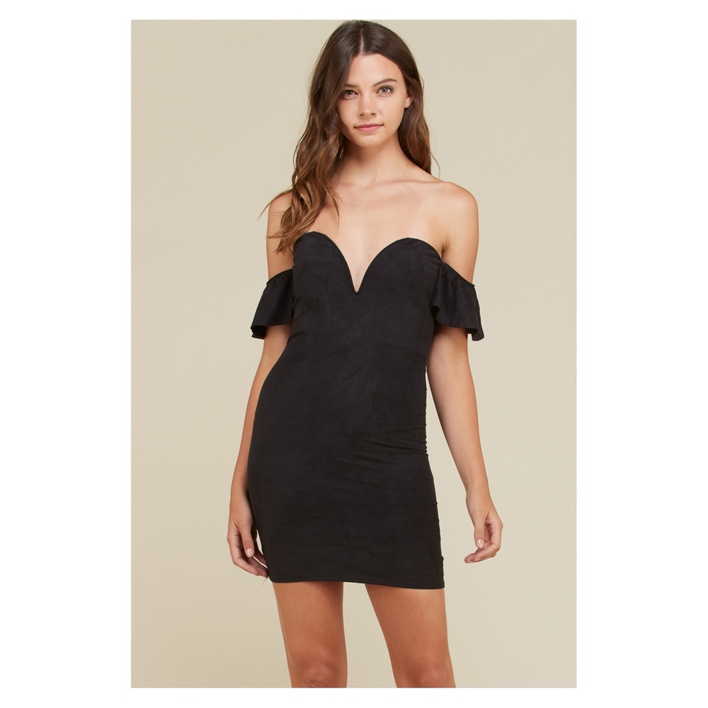 Suede Bodycon Mini Dress Black Off shoulder Heart Neckline